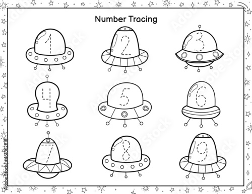 Trace numbers black and white activity page for kids. Space handwriting practice worksheet. Coloring page for preschool. Vector illustration