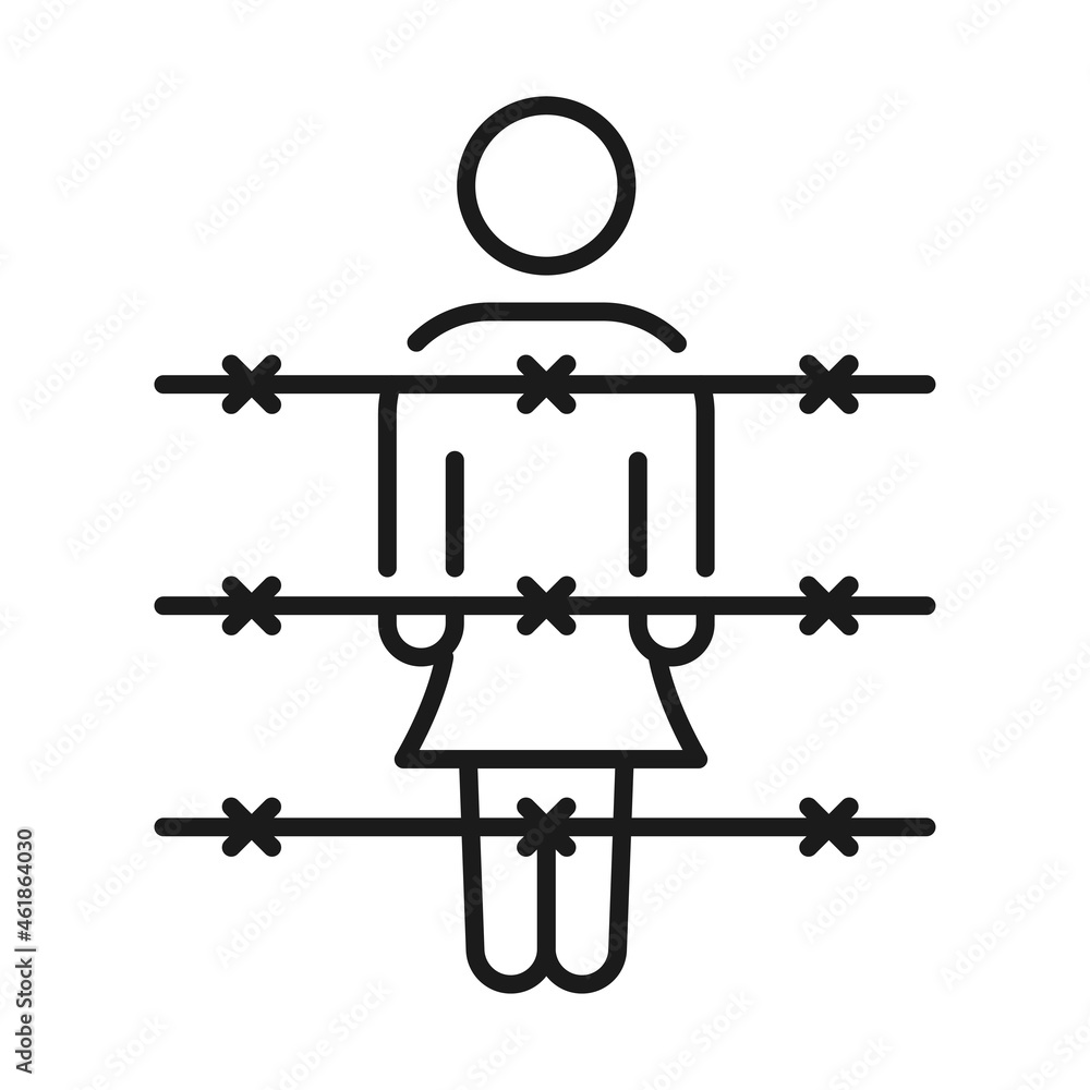 Monochrome woman prisoner at barbed wire line icon vector illustration criminal offender behind bars