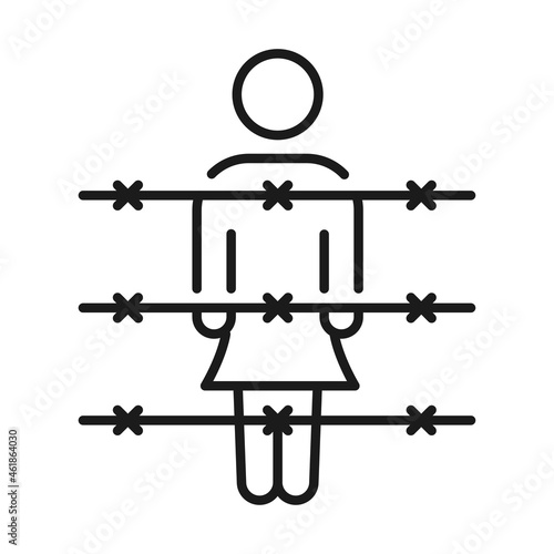 Monochrome woman prisoner at barbed wire line icon vector illustration criminal offender behind bars