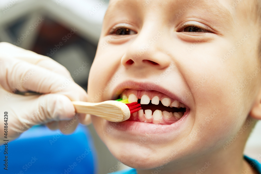 Fototapeta premium little boy brushing teeth with toothbrush closeup mouth