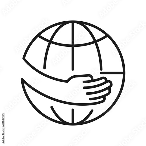 Monochrome save planet line icon vector illustration. Linear simple logo human hands hugging globe