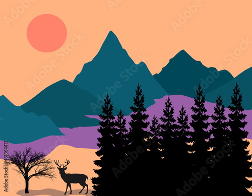 Mountain landscape  graphic drawing  bright colors  yellow background. 
