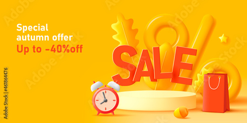 Discount autumn banner with 3d render illustration of podium with volume sale letters and clock with shopping bag, fall leaves around it
