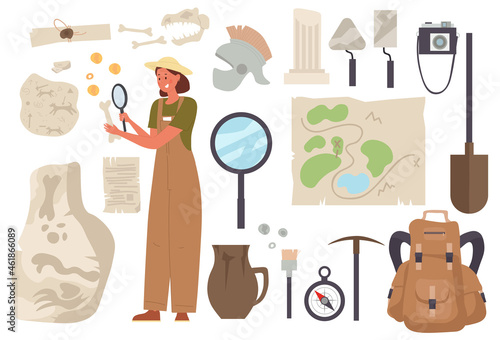 Archaeological stickers. Archaeologist woman with map, magnifying glass and backpack looking for remains of ancient animals and civilizations. Cartoon flat vector icon set isolated on white background