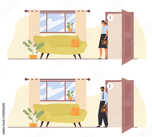 Tired employee concept. Sad man and woman return home after hard work day. Unhappy entrepreneurs without strength and energy. Cartoon modern flat vector collection isolated on white background