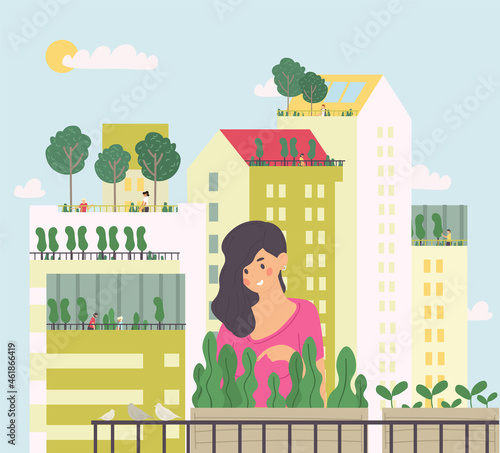 City gardening concept. Agriculture on roofs of city buildings. Woman plants flowers in pots on balcony. Taking care of environment. Cartoon flat vector illustration isolated on blue background