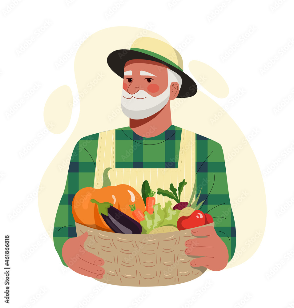 Adult farmer concept. Male gardener holds basket of ripe vegetables and fruits in his hands. Eco friendly food. Rich harvest. Cartoon modern flat vector illustration isolated on white background Adult farmer concept. Male gardener holds basket of ripe vegetables and fruits in his hands. Eco friendly food. Rich harvest. Cartoon modern flat vector illustration isolated on white background