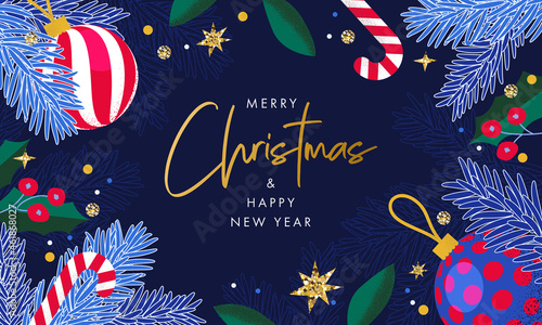 Merry Christmas and Happy New Year greeting card, poster, holiday cover. Modern Xmas design with frame made of christmas balls, fir branches, confetti and other decor elements on dark blue background