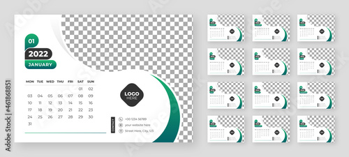 Desktop Monthly Photo Calendar 2022. Simple monthly horizontal photo calendar Layout for 2022 year in English. Cover Calendar and 12 months templates. Week starts from Monday. Vector illustration