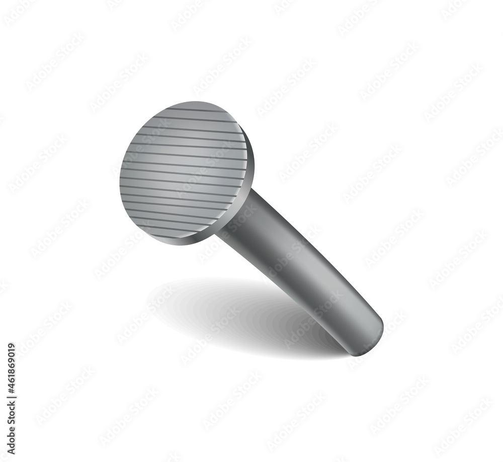 Hammered nail on surface. Iron, steel or silver pin head. Bent metal spike or hobnail with cap in cartoon style. top view grey hardware for home construction, isolated on white background Hammered nail on surface. Iron, steel or silver pin head. Bent metal spike or hobnail with cap in cartoon style. top view grey hardware for home construction, isolated on white background