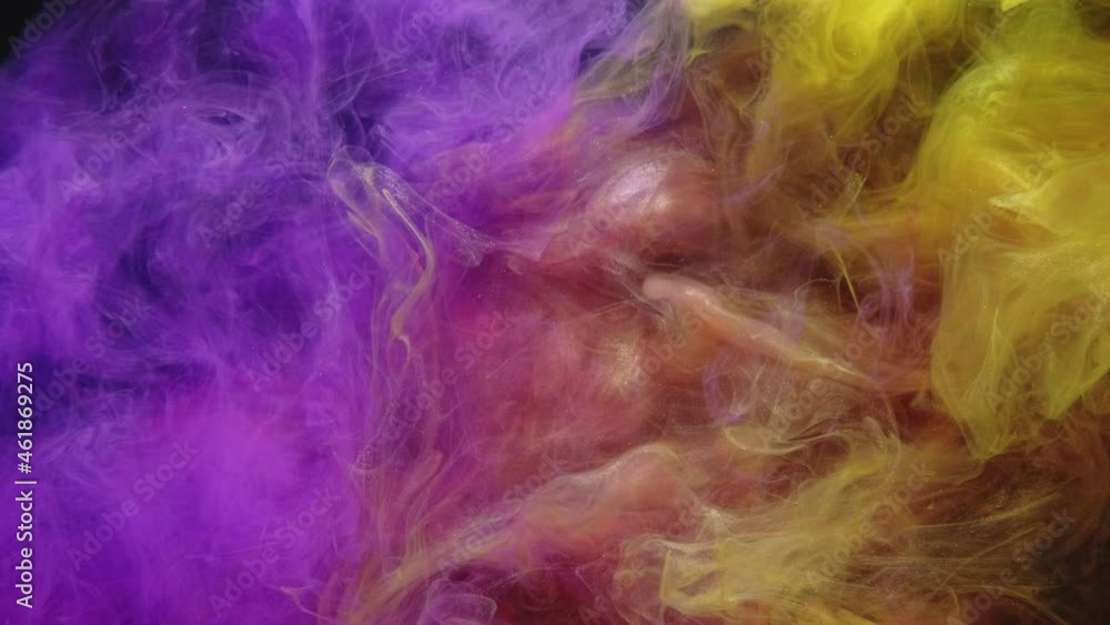Paint water drop. Color smoke mix. Pigment splash animation. Neon purple yellow glitter vapor cloud blend motion on black background for logo reveal. Paint water drop. Color smoke mix. Pigment splash animation. Neon purple yellow glitter vapor cloud blend motion on black background for logo reveal.