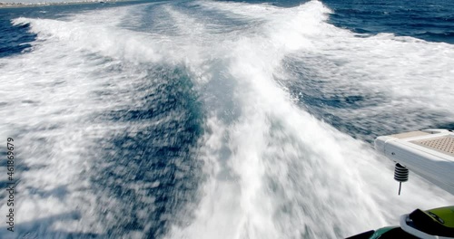 View of the wake of a motor yacht going full power through the sea