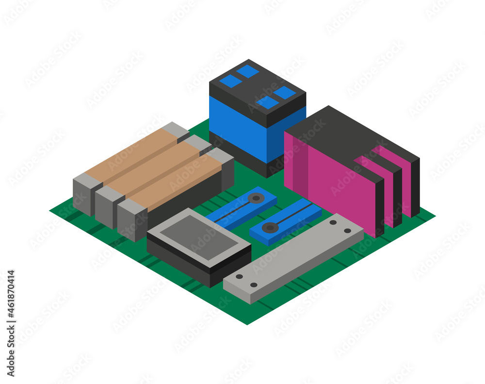 Isometric circuit board with electronic components. Computer chip technology processor circuit and computer motherboard information system. Technology equipment device concept