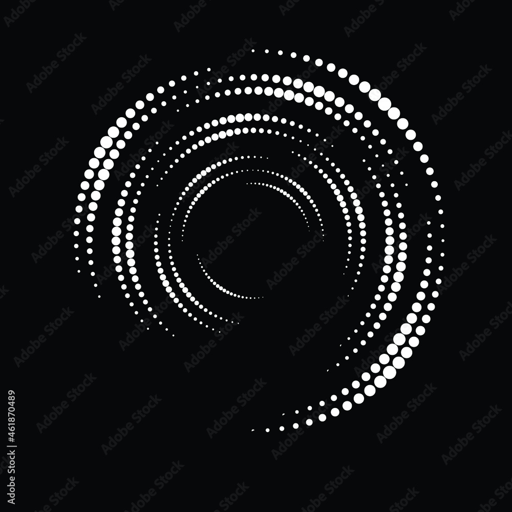 Halftone dots in Semi Circle Form . Vector Illustration .Technology round. Circle logo . Design element . Abstract Geometric shape . White dots on the black background . Halftone dots in Semi Circle Form . Vector Illustration .Technology round. Circle logo . Design element . Abstract Geometric shape . White dots on the black background .