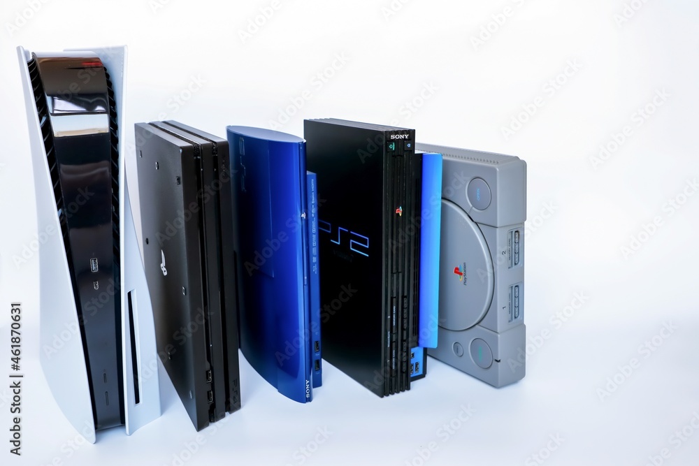 Bangkok, Thailand - February 28, 2021 : Playstation Sony game console  hardware 1, 2, 3, 4 and 5 placed vertically and arrange on white  background. Stock Photo | Adobe Stock