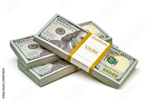 New design dollar bundles stack of bundles of 100 US dollars isolated on white background. Including clipping path photo