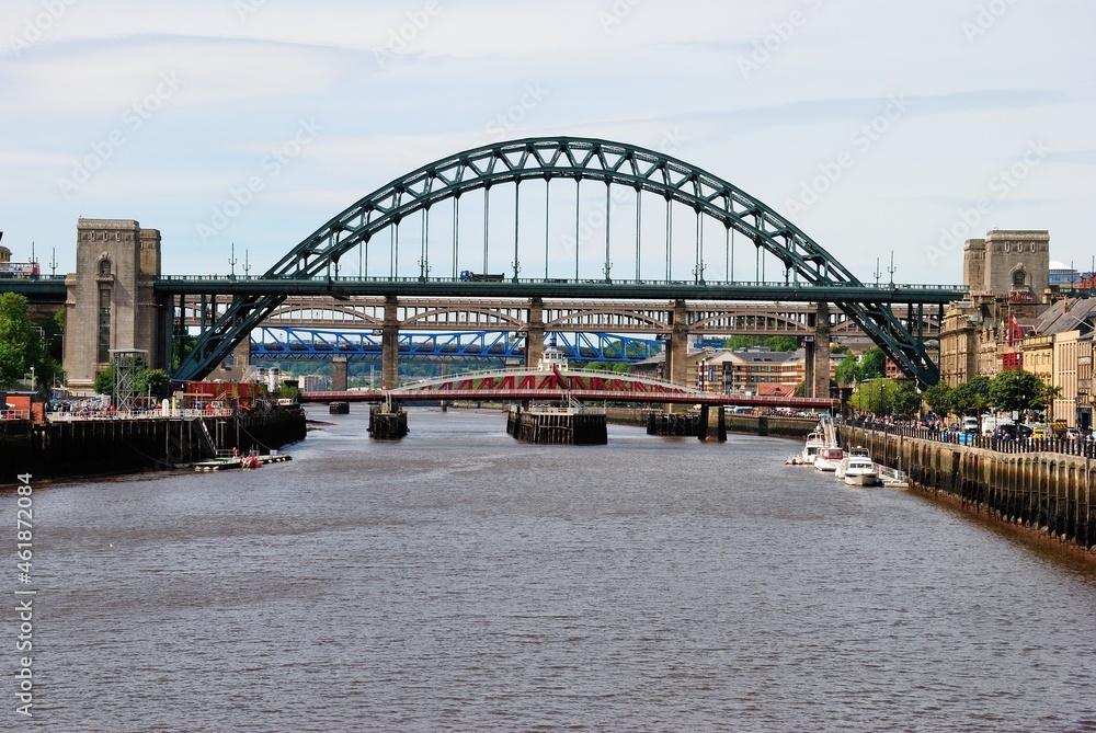 The Tyne Bridge, with Swing and High Level bridges at the back over the River Tyne in North East England, linking Newcastle upon Tyne and Gateshead, England, UK