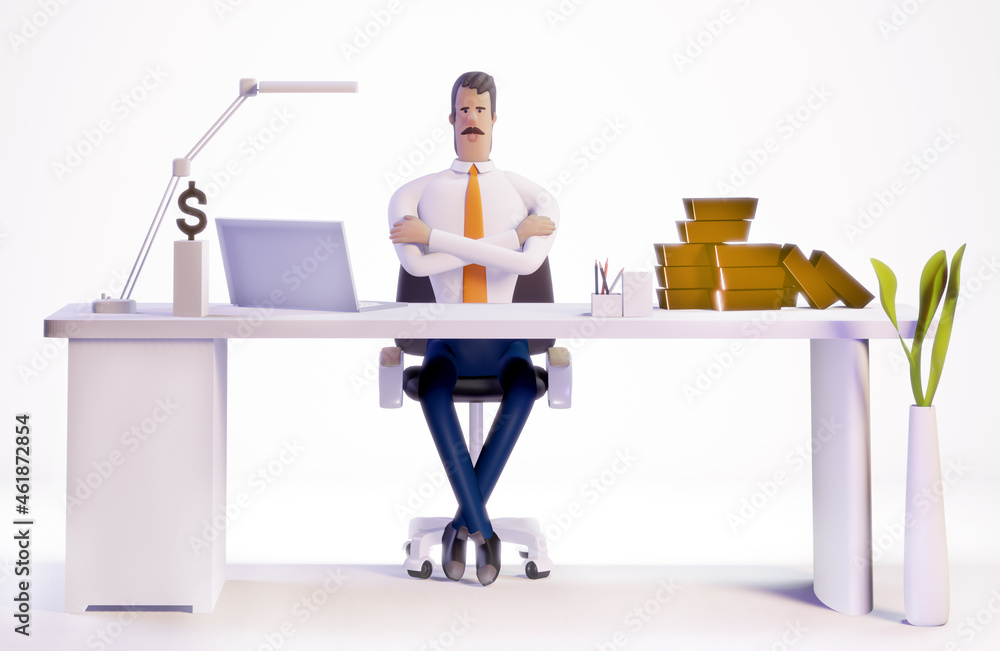 3D rendering illustration. Successful banker working by his desk. Office working environment. Busy businessman working with golden brick, investor, account keeper. 3D rendering illustration. Successful banker working by his desk. Office working environment. Busy businessman working with golden brick, investor, account keeper.