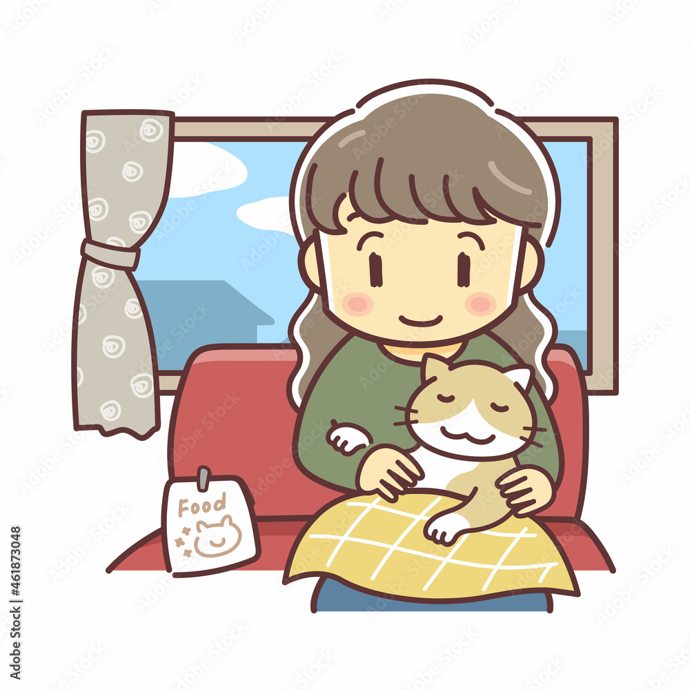 ネコを膝に乗せる女性と室内風景のイラスト（猫派・猫のいる暮らし・デフォルメ）
