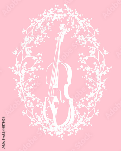 classical violin musical instrument inside blooming wreath frame of sakura tree branches - springtime editable vector silhouette design