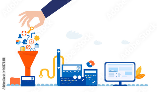 Hand of businessman puts lots of business icons in to machine, which produces decisions and make calculations