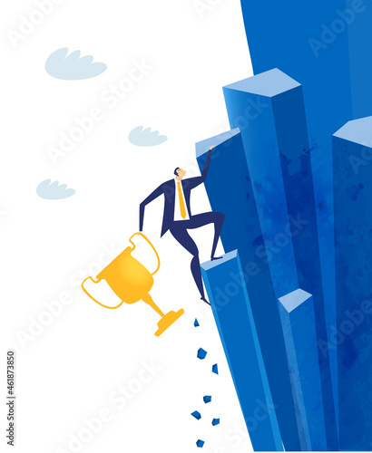 Businessman climbing up the rock with heavy golden trophy. Economy and financial crisis concept