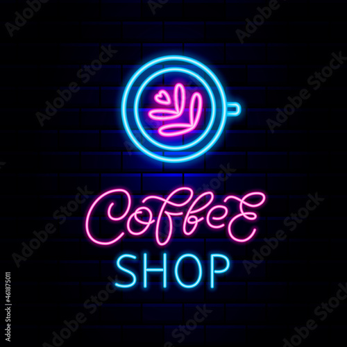 Coffee shop neon banner. Bright promotion. Espresso coffee neon light icon. Vector stock illustration