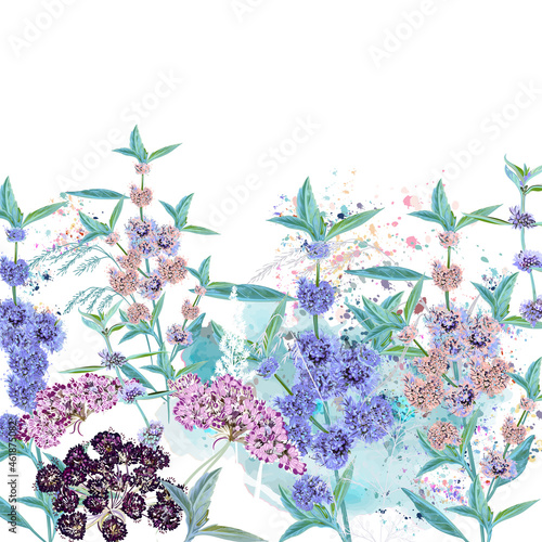 Beautiful vector illustration with wild spring flowers in watercolor style