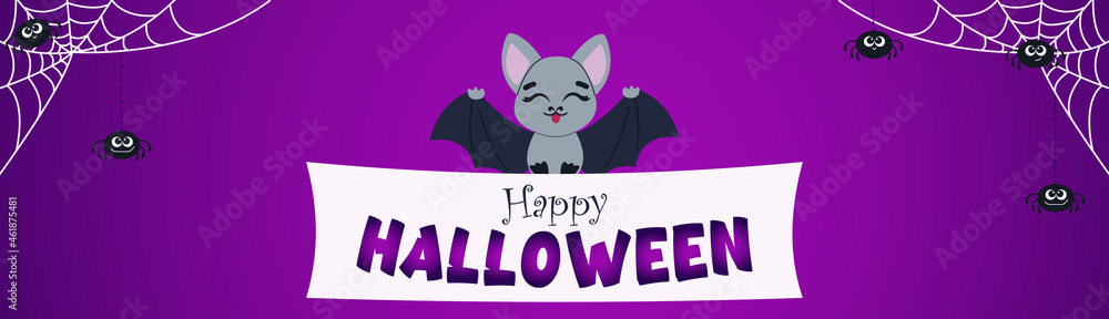 Naklejka premium Halloween design, Halloween mood Wide purple Halloween banner with white spider web and spiders. Cute cartoon bat.