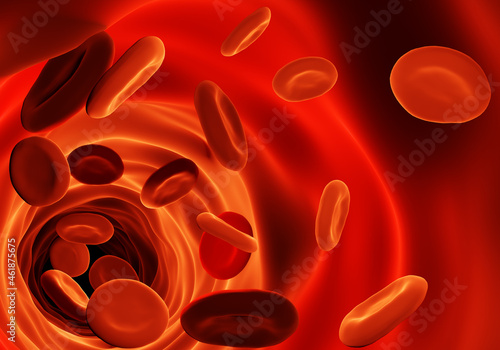Erythrocytes background texture. Red blood cells. Erythrocyte 3D illustration. Red streaming blood cells background. Blood plasma with many erythrocytes. Background on hematology, immunology.