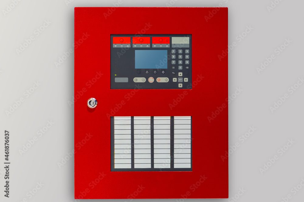 Fire panel with buttons and sensors. Red panel for fire safety control