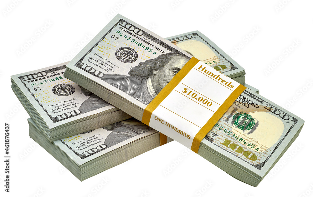 New design US 100 American dollar bundles isolated on white  background. Including clipping path	