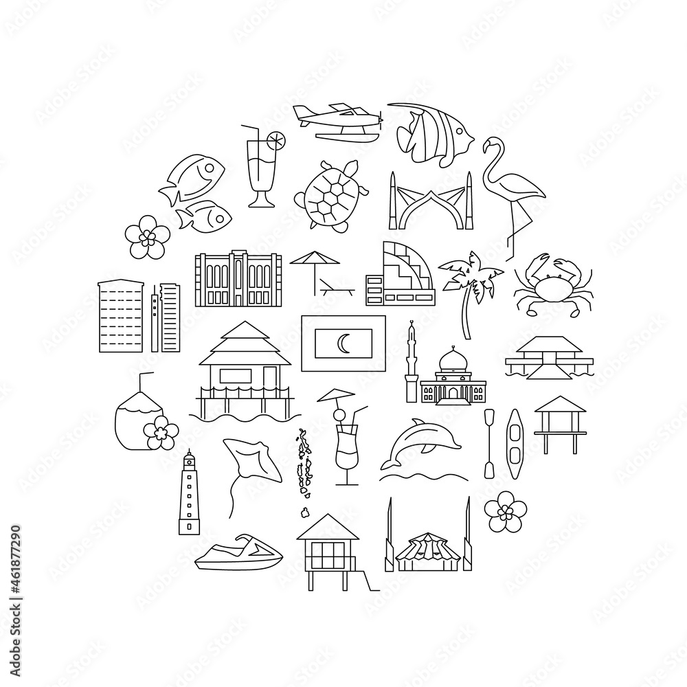 Maldives attraction round layout with outline icons. Maldivian culture concept. Isolated vector illustration