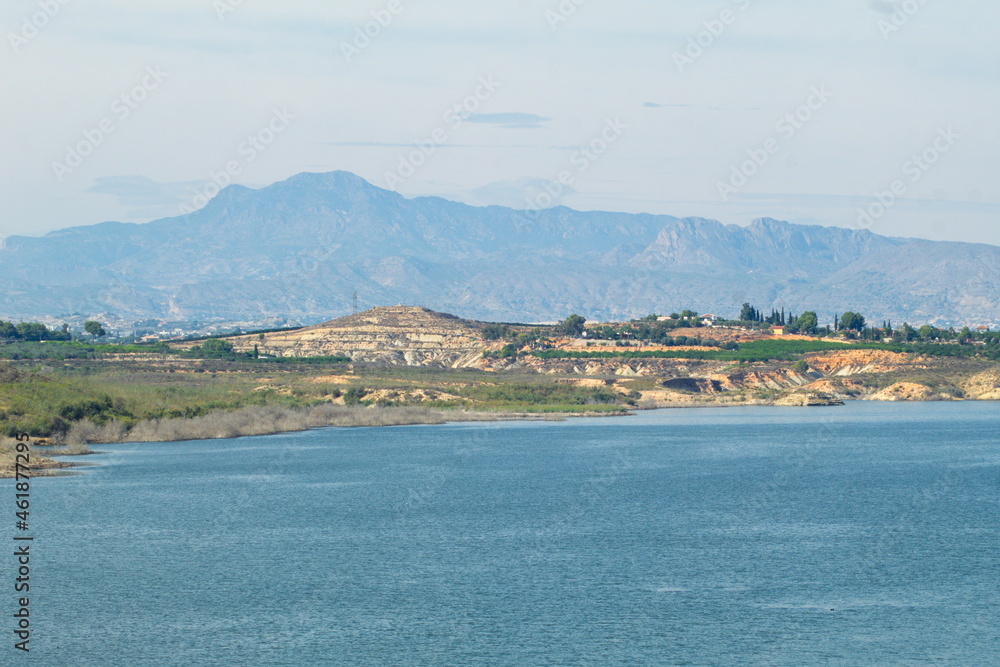 Nice panoramic view of the Santomera reservoir on a sunny day