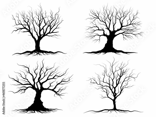 Black Branch Tree or Naked trees silhouettes set. Hand drawn isolated illustrations.