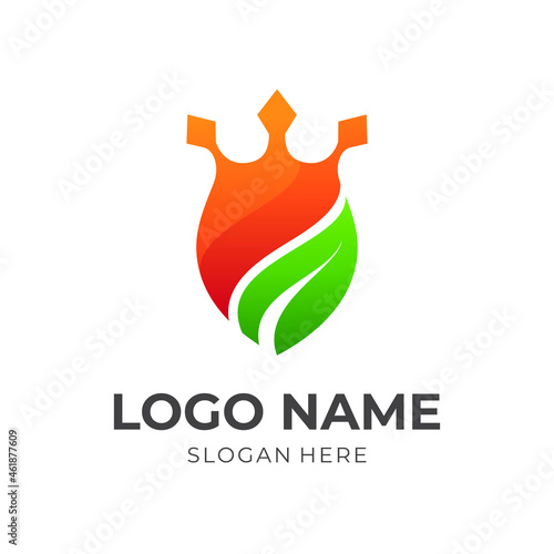 modern shield and leaf logo design with flat orange and green color style photo