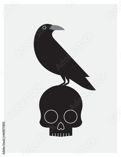 Crow or raven perched on human skull isolated on white grey background. Minimalist vector art. Flat art vector illustration. Sign of death, dangerous, beware, risk