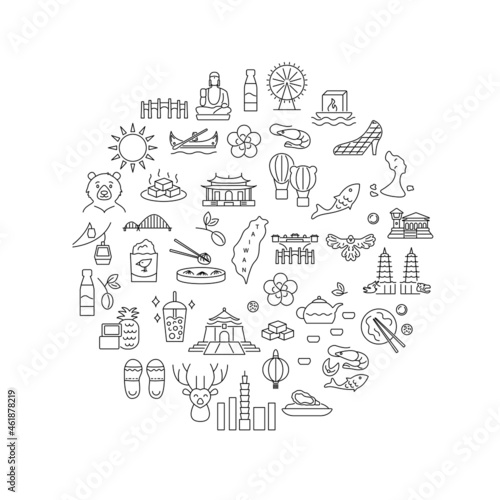 Culture of Taiwan circle layout with outline icons. Taiwanese items. Isolated vector stock illustration