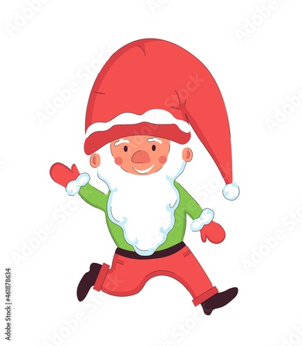 Cute little Christmas gnome Santa helper in hat. Holiday print and card