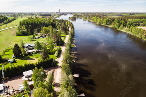 Aerial panoramic view of place Myllykoski at river Kymijoki  Kouvola  Finland.