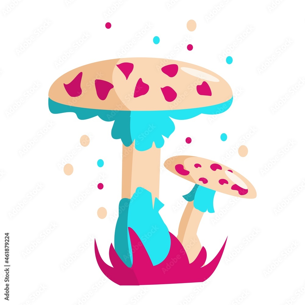 Pink blue fly agaric Magic fantasy mushroom isolated on white background. Cartoon vector illustration Pink blue fly agaric Magic fantasy mushroom isolated on white background. Cartoon vector illustration