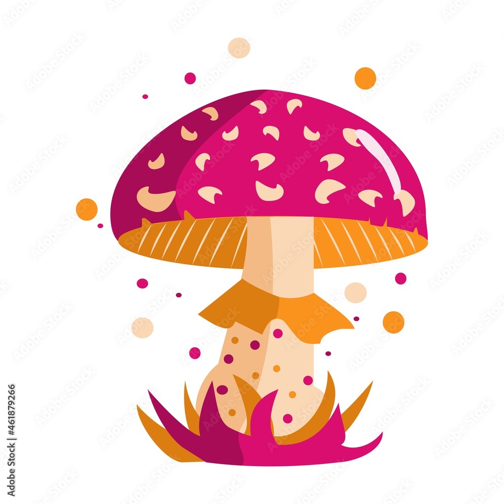 Red orange fly agaric Magic fantasy mushroom isolated on white background. Cartoon vector illustration Red orange fly agaric Magic fantasy mushroom isolated on white background. Cartoon vector illustration