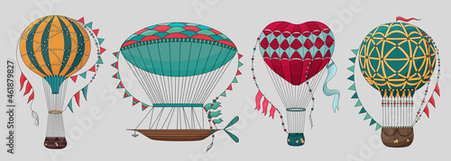 Set of Vintage hot air balloon. Different balloon aerostat collection. Color air balloons isolated. Large bag filled with hot gas and basket.
Flying transport. Hand drawn vintage style flight airship.