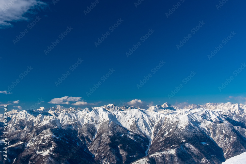 Fototapeta premium Ski mountaineering in the Mount Zoncolan ski area, Carnic Alps, Friuli-Venezia Giulia, Italy