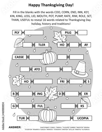 Word game: Fill in the blanks with the words provided to make 16 words related to Thanksgiving Day holiday, history, traditions. Suitable both for kids and adults.
