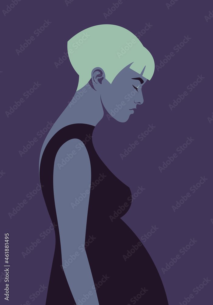 Profile of an unhappy pregnant woman on a dark background. Loneliness and depression. Gynecology and surrogacy. Vector flat illustration