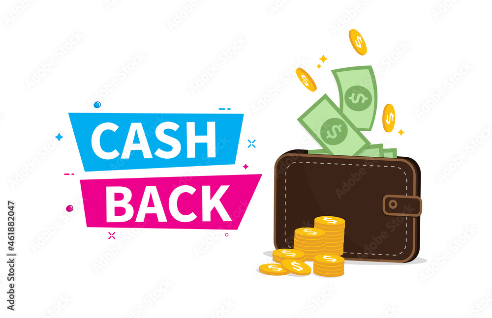 Cashback in wallet. Cashback sale offer emblem. Online shopping partner program. Finance saving concept. Vector illustration. Cashback in wallet. Cashback sale offer emblem. Online shopping partner program. Finance saving concept. Vector illustration.