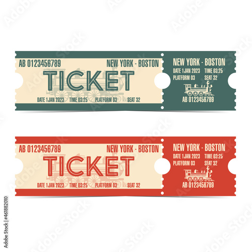 Train ticket vintage concept design. Retro railway boarding ticket vector template illustration. Tear-off old western rail train ticket with locomotive on background.