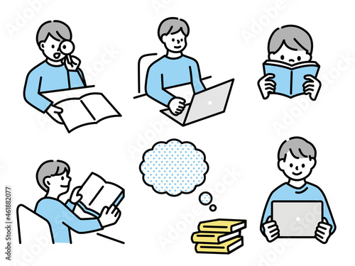 本を読むイラスト(勉強、スキルアップ、学ぶ、知識、発見、受験、テスト、調べる、知る、分かる、仕事) Book reading illustrations .study, skill up, knowledge, discovery, entrance examination, test, research, know, understand, save, work.