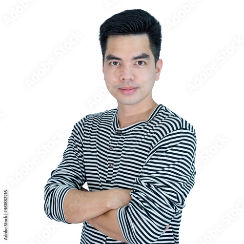 Portrait handsome young asian man wearing t-shirt feeling happy and smile isolated on white background. Asian man people. business success concept.